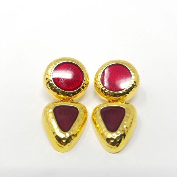 Vintage Red Enamel and Gold Tone Post Dangle Earrings, Chunky Retro 80s Style - Picture 1 of 5